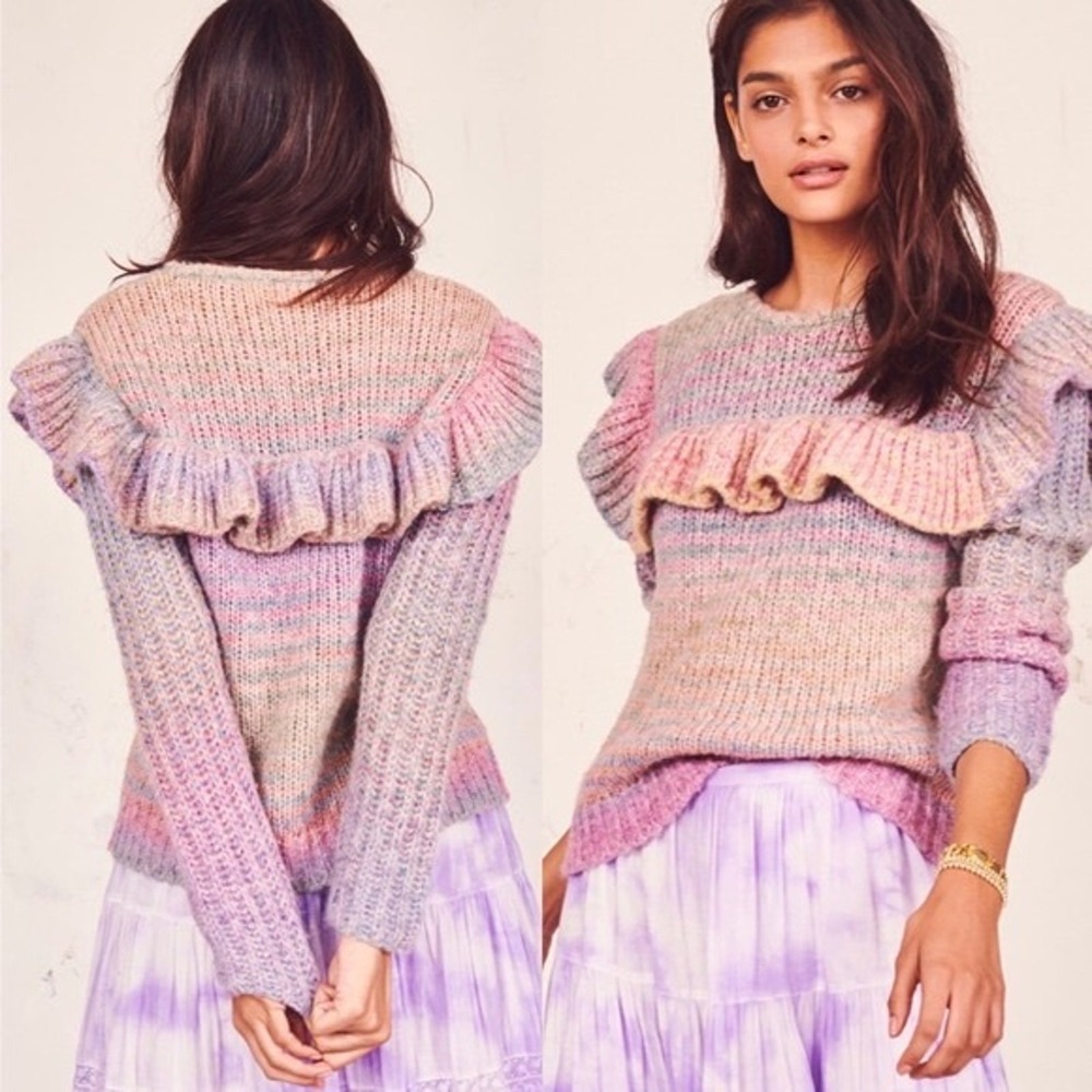 LoveShackFancy Yumi Pastel Rainbow Ruffle Space Dye Knit Sweater Pink Purple - Picture 6 of 13